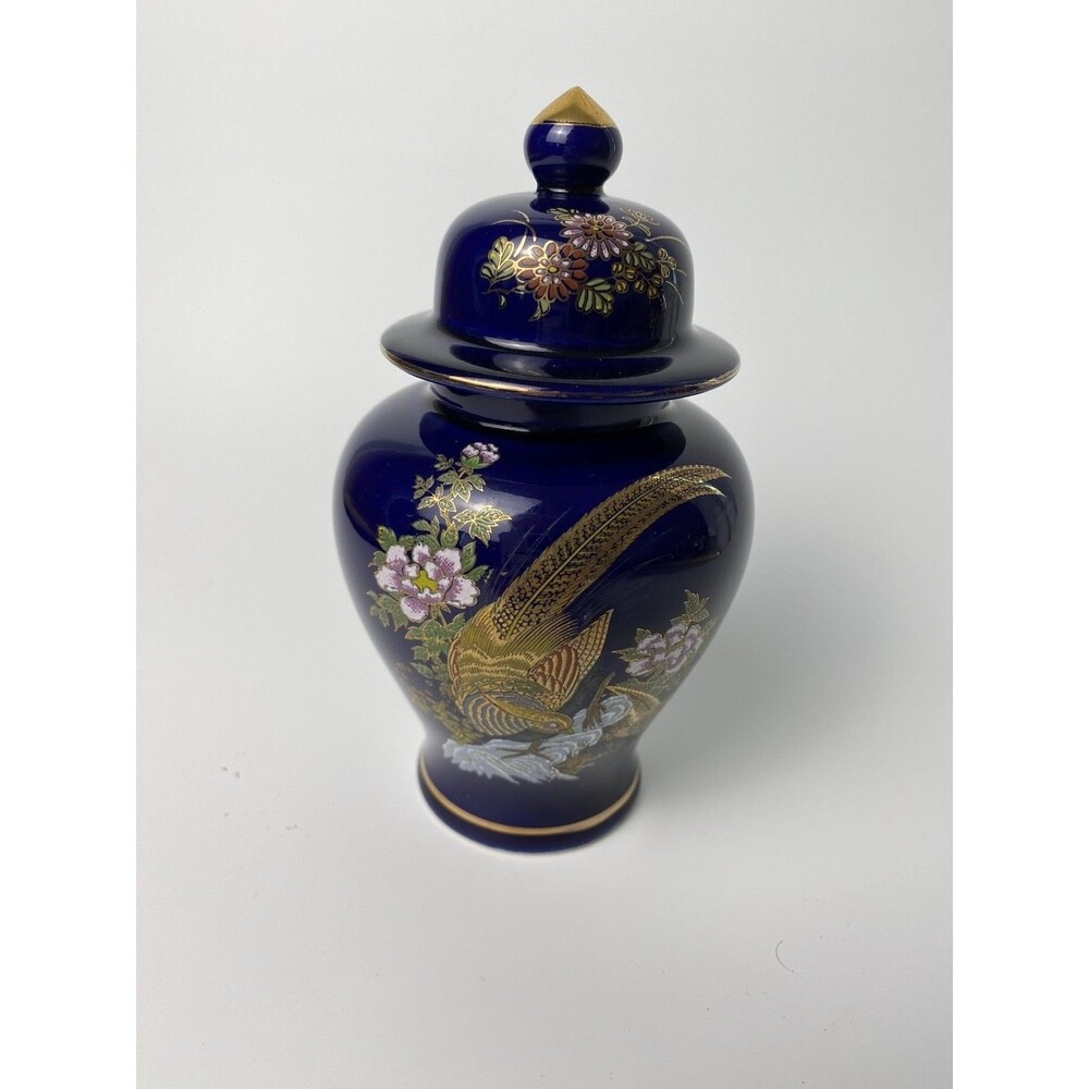 Vintage Blue and Gold Floral Peacock Japanese Ceramic Ginger Jar with Lid